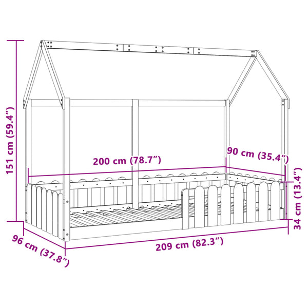Vahanruskea lasten talonmuotoinen sängynrunko Luigia 90x200cm (mänty)