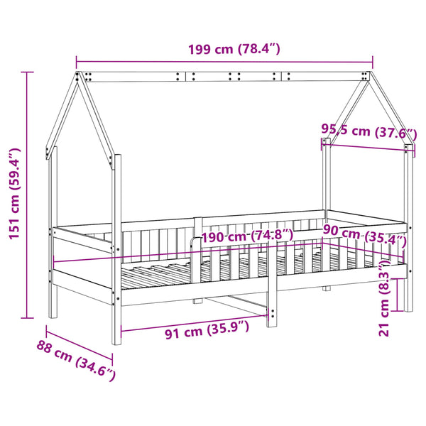 Vahanruskea lasten talonmuotoinen sängynrunko Nazam 90x190cm (mänty)