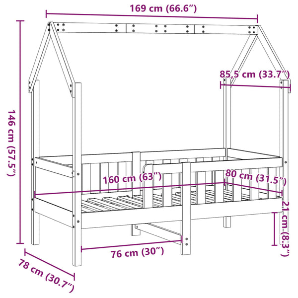 Vahanruskea lasten talonmuotoinen sängynrunko Nazam 80x160cm (mänty)