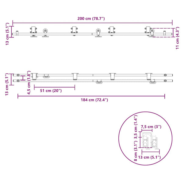 Motrea 200cm Beschläge für silberne Schiebetüren (Edelstahl)