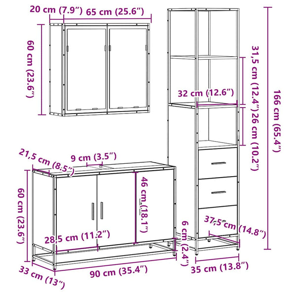 Badezimmermöbel-Set Lita, 3-teilig (Sonoma-Eiche)