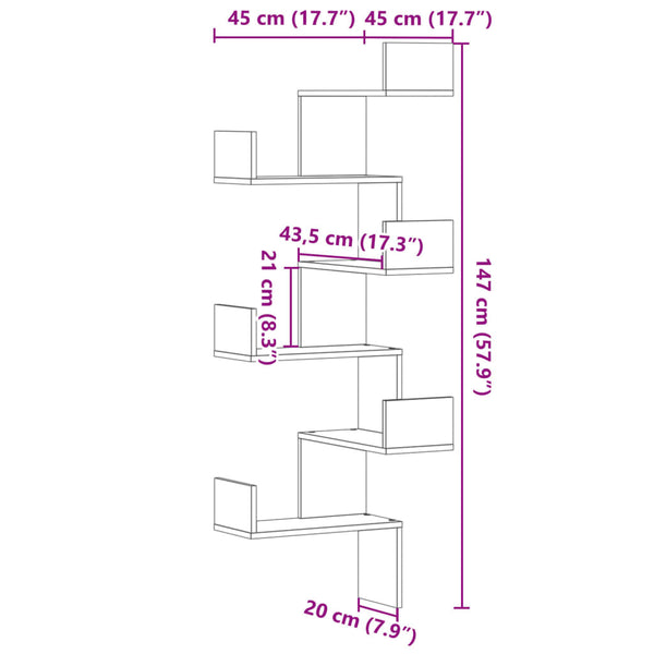 Betongraues Wand-Eckregal Constantinela 45x45x147cm (Holz)