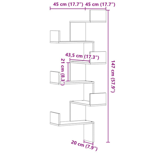 Graues Wand-Eckregal Constantinela 45x45x147cm (Holz)