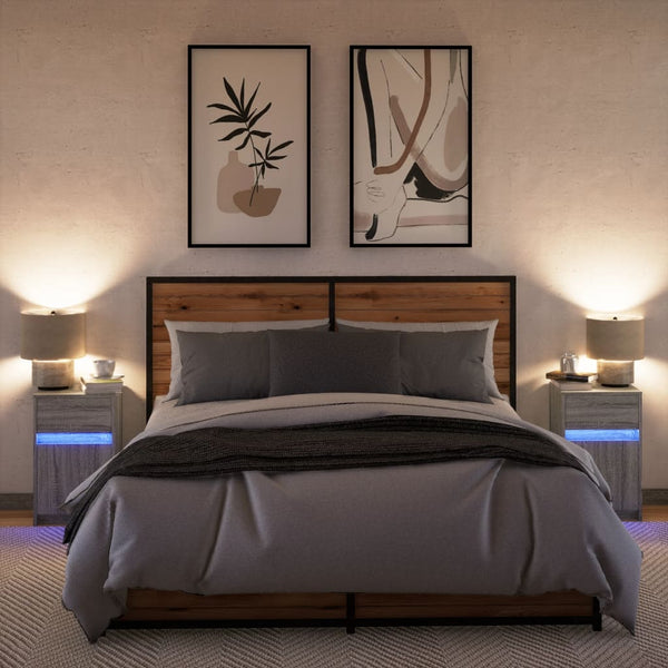 Grauer Nachttisch mit LED-Beleuchtung Tg (2 Stk. Sonoma-Holz)