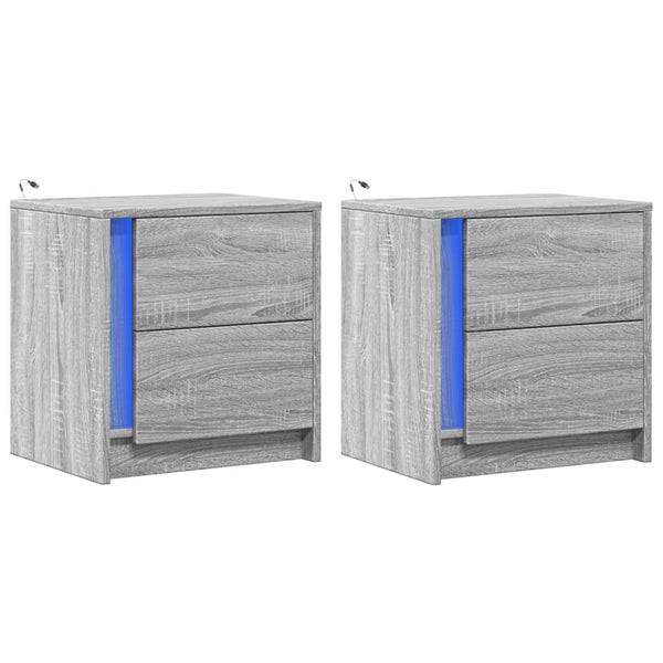 Grauer Nachttisch mit LED-Beleuchtung Tanja (2er Set Sonoma-Holz)
