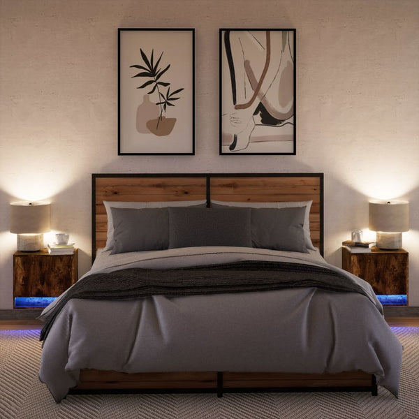 Wandmontierte Nachttische mit LED-Beleuchtung Neofit (2 Stück, Rauch-Eiche)