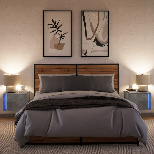 Wandmontierte Nachttische Ananda aus betongrauem Holz mit LED-Beleuchtung (2 Stück)
