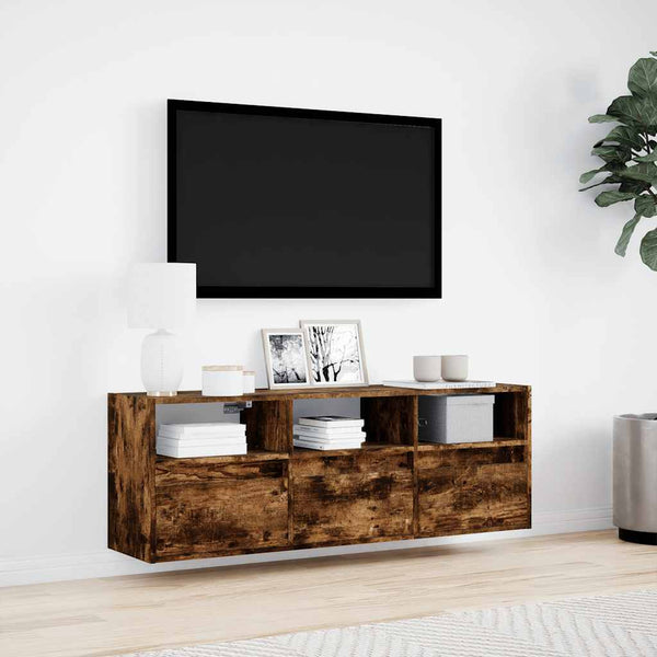 Räuchereiche TV-Wandschrank Hairi 130x31x45cm (mit LED-Beleuchtung)