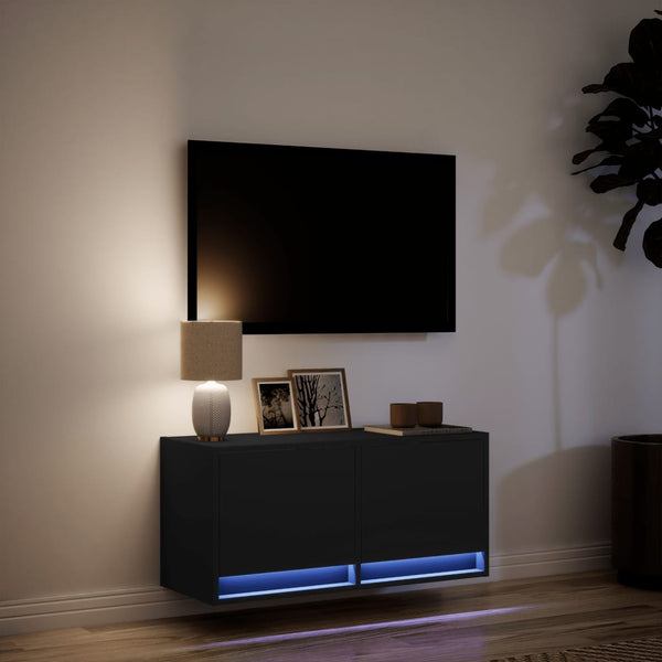 Schwarzer TV-Wandschrank Antinogel 80x31x35cm (mit LED-Beleuchtung)