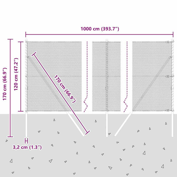 Aita 10 m x 1.2 paalujen kanssa harmaa