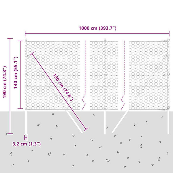 1.4 x 10 m Zaun, grau, mit Pfählen