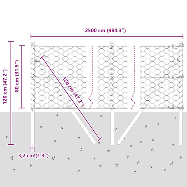 Paalujen kanssa 0.8 x 25 m harmaa aita