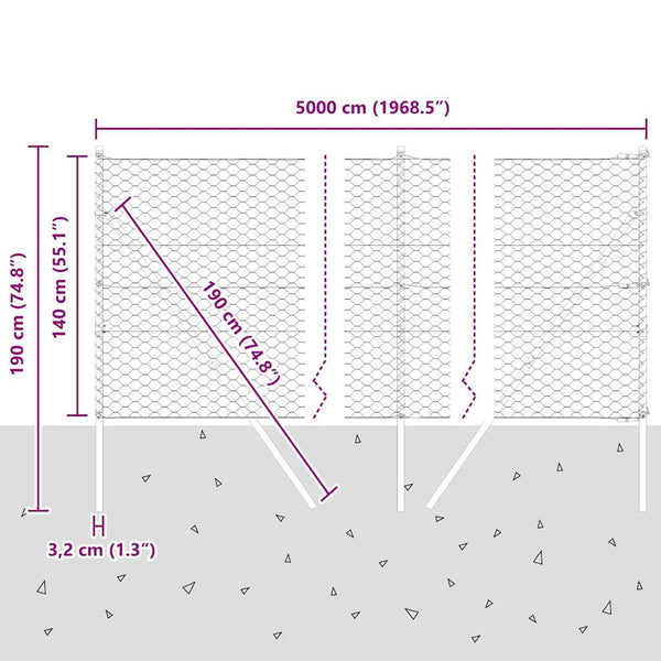 Harmaa 1.4 x 50 m aita paalujen kanssa