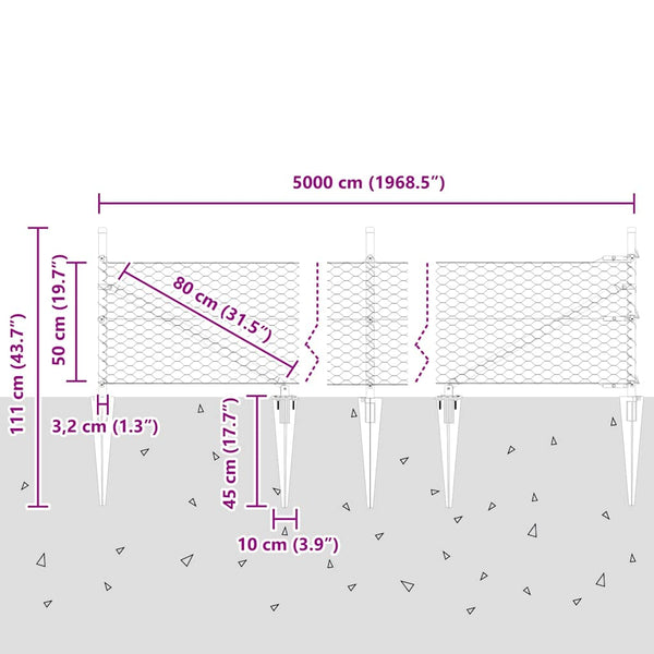 0,5 x 50 m Zaun mit Pfählen, grau