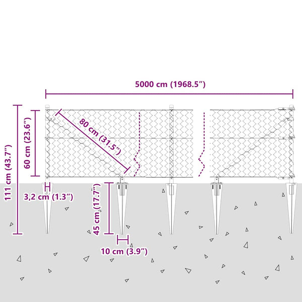 0,6 x 50 m grauer Zaun mit Pfählen
