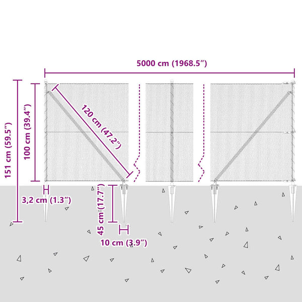 Grauer Zaun mit Pfosten, Maße 1 x 50 m