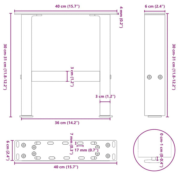 Beine für Couchtisch Friderica 40x(30-31)cm (2 Stk. Stahl)