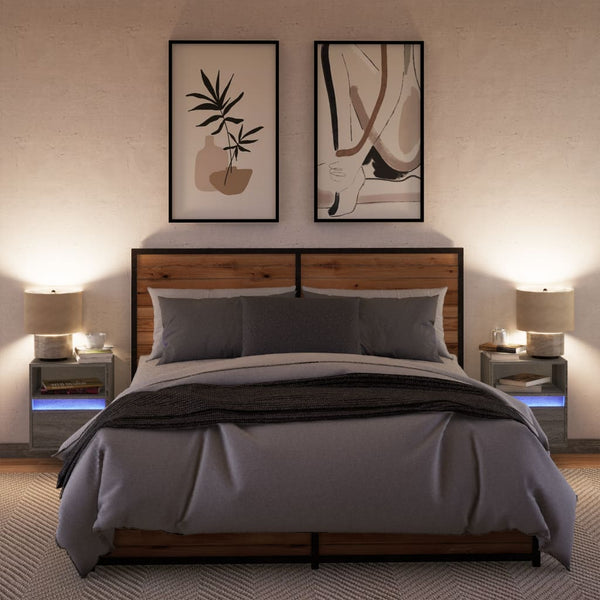 Graue wandmontierte Nachttische mit LED-Beleuchtung Alisoai (2 Stück Sonoma)