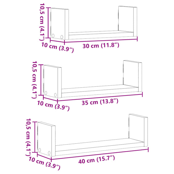 Vigica Holz-Wandregal-Set in Schwarz (3 Stück)