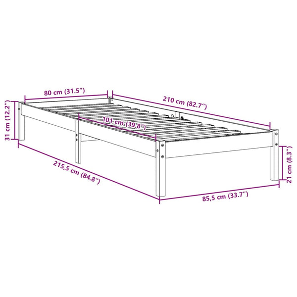 Bettrahmen extralang ohne Matratze Tomiris 80x210cm (Kiefer)