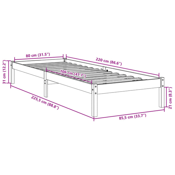 Bettgestell extra lang ohne Matratze Tomiris 80x220cm (Kiefer)