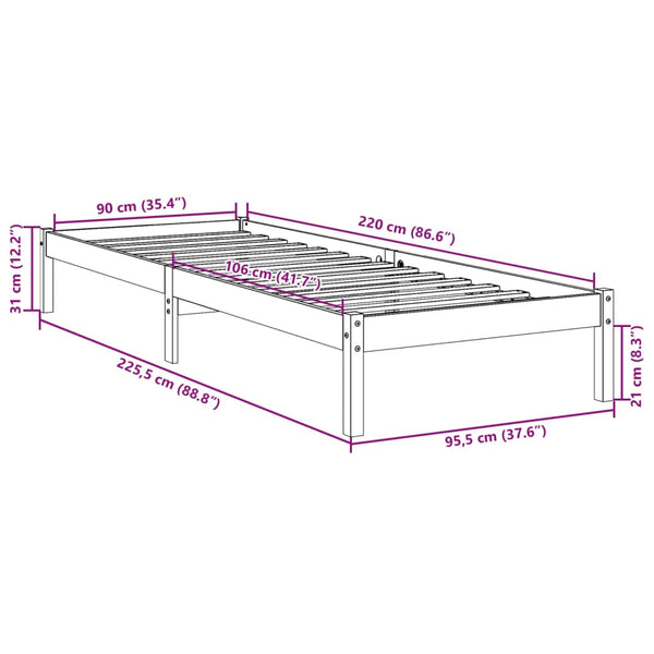 Bettgestell extra lang ohne Matratze Tomiris 90x220cm (Kiefer)