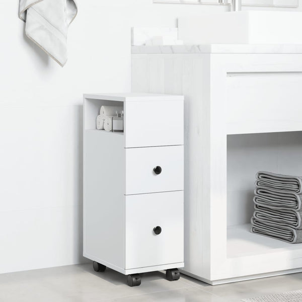 Weißer schmaler Badschrank auf Rollen Rachel (Holz)