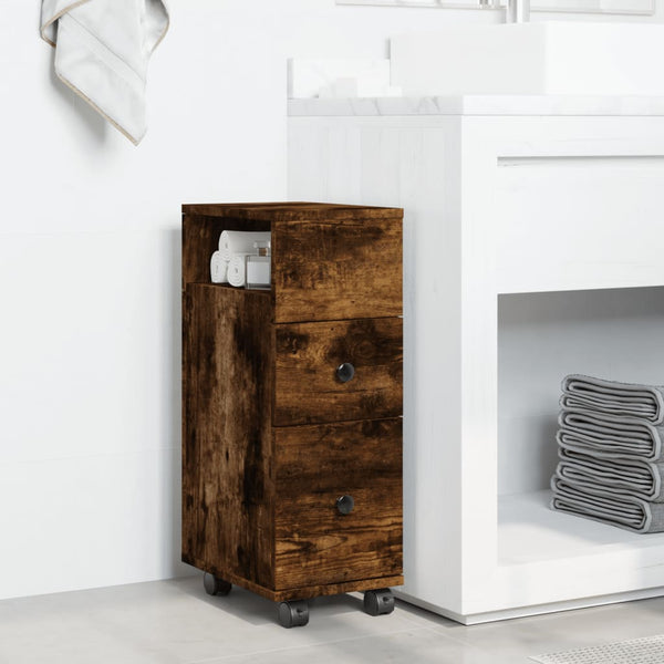 Räuchereiche schmaler Badezimmerschrank Rachel (mit Rollen, Holz)