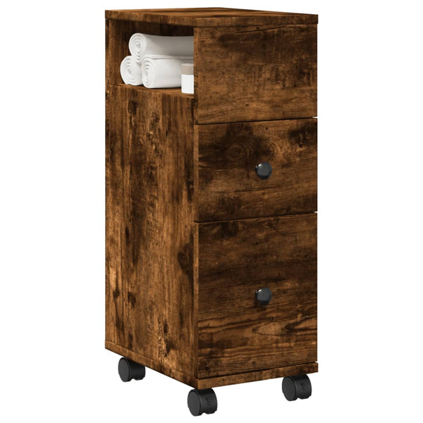 Räuchereiche schmaler Badezimmerschrank Rachel (mit Rollen, Holz)