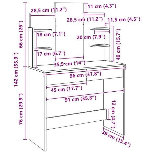 Schminktisch Dulfu aus Eichenholz, handgefertigt, 96x39x142cm