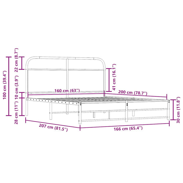 Metallbettgestell Mirci, Eiche Rauchfarben, 160x200cm