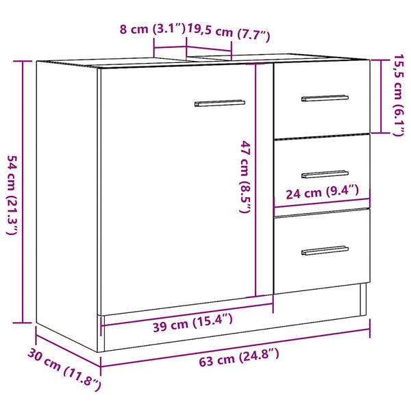 Waschtischunterschrank Arethya aus schwarzer Eiche, 63x30x54cm (Holz)