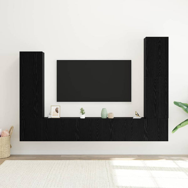 4-teiliges TV-Lowboard-Set zur Wandmontage Eiche Schwarz. Holzwerkstoff