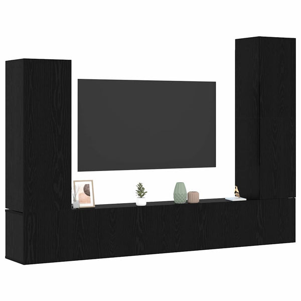 4-teiliges TV-Lowboard-Set zur Wandmontage Eiche Schwarz. Holzwerkstoff