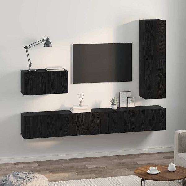 TV-Wandhalterung 4 Teile Schwarz Eiche Technisches Holz