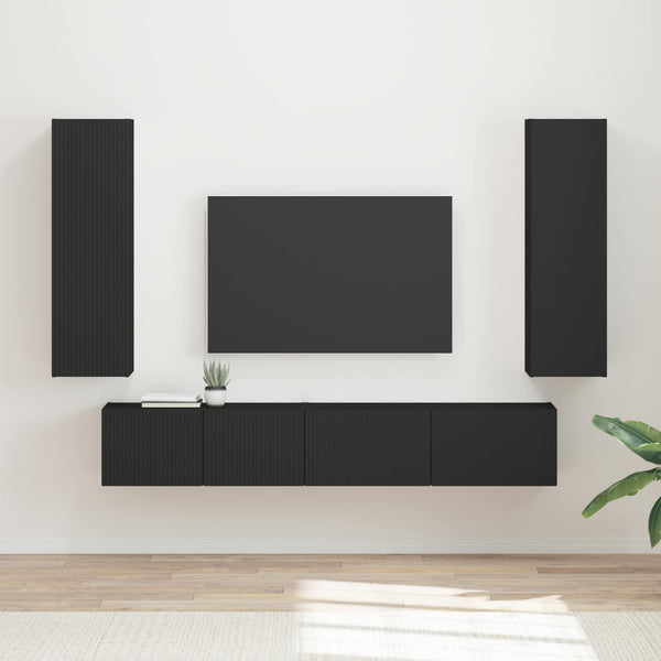 Schwarzer TV-Schrank aus Holzwerkstoff, Wandmontage, 3-teiliges Set