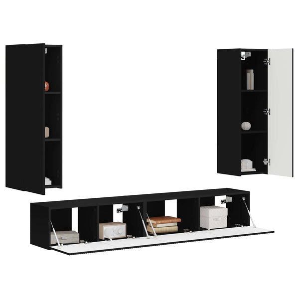Schwarzer TV-Schrank aus Holzwerkstoff, Wandmontage, 3-teiliges Set
