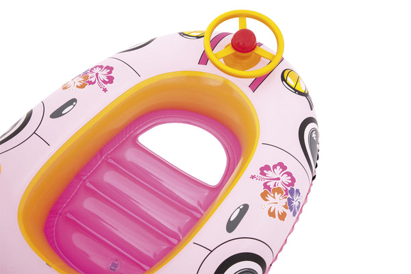 Bestway 34103 -lautta sinivalkoisilla autoaiheisilla kuoseilla ja aurinkosuojalla.
