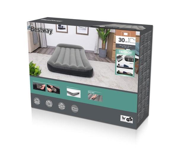 Bestway 67556 -makuualusta on sininen ja siinä on integroitu pumppu. Makuualusta on valmistettu kestävästä Tritech-materiaalista ja sen mitat ovat 188cm x 99cm x 22cm.