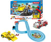 Carrera First -autorata, jossa on Paw Patrol -teemalla varustetut autot. Rata sisältää kaarroksia ja esteitä.