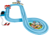 Paw Patrol -aiheinen Carrera First -autorata lelupakkaus, jossa kaksi autorata-autoa ja värikkäitä radan osia.
