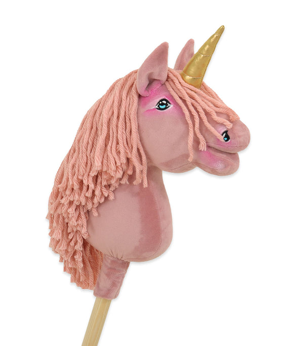 Super Hobby Horse - Yksisarvinen keppihevonen - pastellinvaaleanpunainen vaaleanpunaisella harjalla ja kultaisella sarvella A4