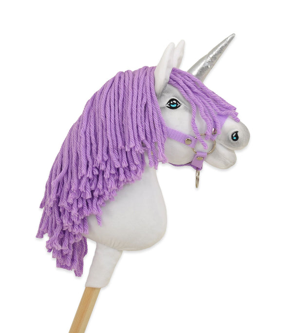 Super Hobby Horse - Keppihevonen yksisarvinen - valkoinen lila harjalla ja hopeisella sarvella A4