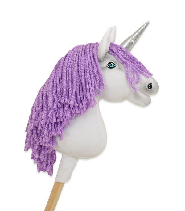 Super Hobby Horse - Keppihevonen yksisarvinen - valkoinen lila harjalla ja hopeisella sarvella A4