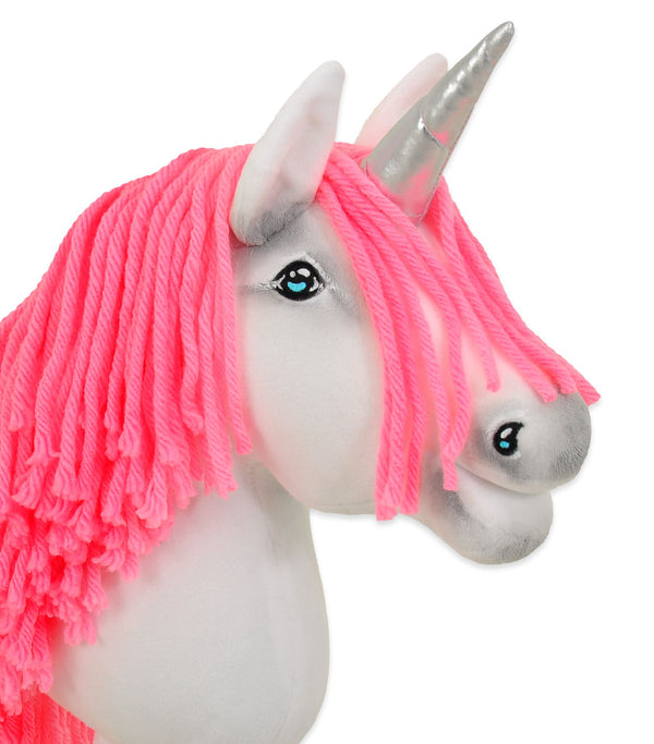 Super Hobby Horse - Keppihevonen Yksisarvinen valkoinen neonvaaleanpunaisella harjalla ja hopeisella sarvella A4