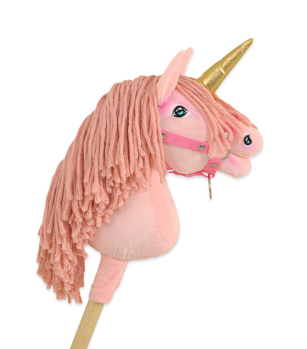 Super Hobby Horse - Keppihevonen yksisarvinen - vaaleanpunainen pinkillä harjalla ja kultaisella sarvella A4