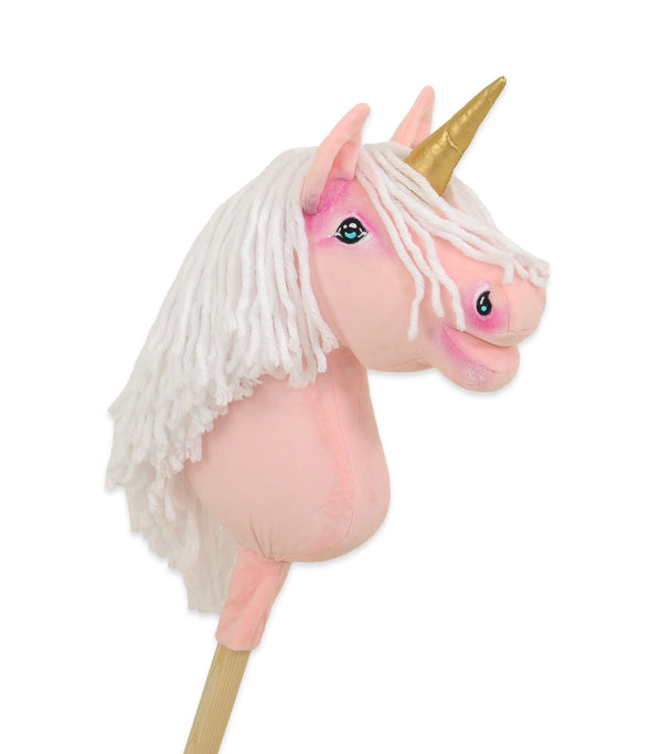 Super Hobby Horse - Yksisarvinen keppihevonen - vaaleanpunainen valkoisella harjalla ja kultaisella sarvella A4