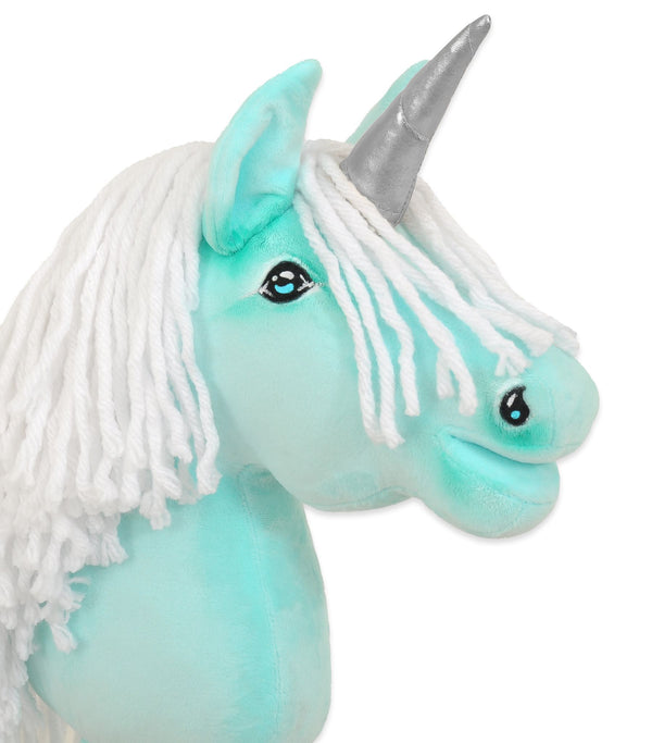 Super Hobby Horse - Hobby Horse yksisarvinen kepillä mintunvihreä valkoisella harjalla ja hopeisella sarvella A4