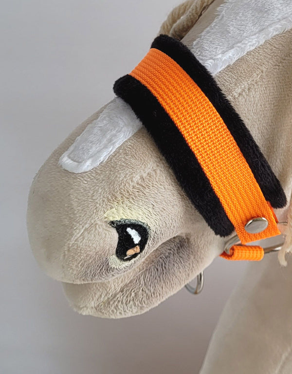 Halfter für Steckenpferd - Neonorange mit schwarzem Fellbesatz