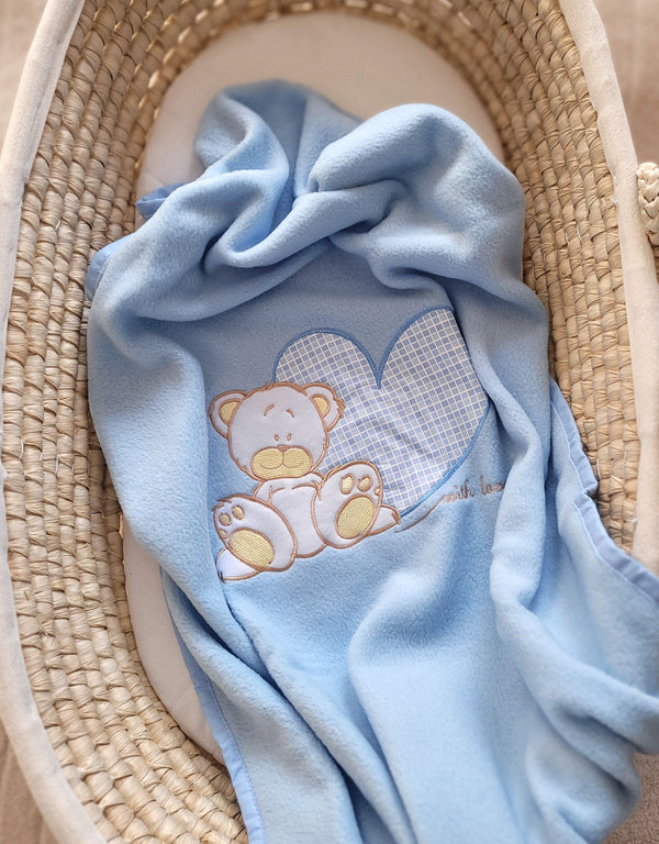 Baby-Fleecedecke - Teddybär mit Herz Blau